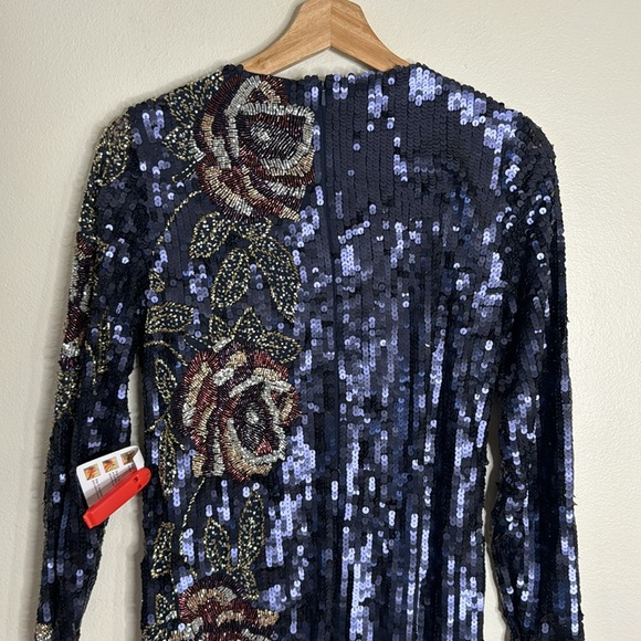 Mac Duggal SEQUINED ASYMMETRICAL FLORAL LONG SLEEVE MIDI DRESS in midnight - Picture 13 of 17